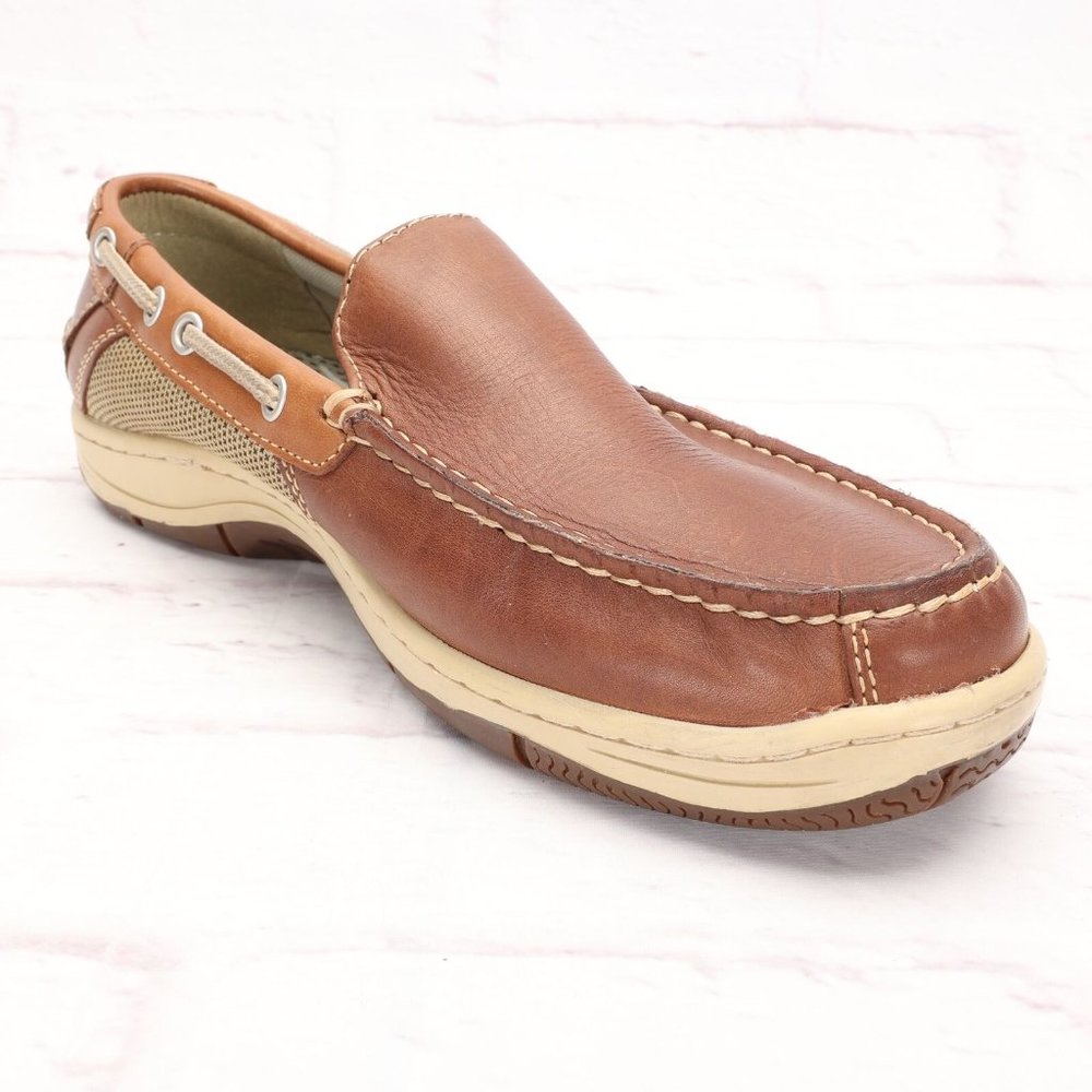 Johnston & Murphy Loafer Boat Shoes Size 8M Brown/Tan Leather Slip-On Mesh